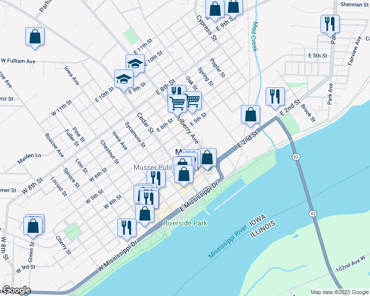 map of restaurants, bars, coffee shops, grocery stores, and more near 411 East 4th Street in Muscatine