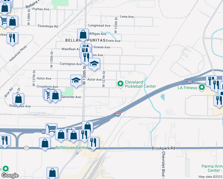 map of restaurants, bars, coffee shops, grocery stores, and more near 12609 Astor Avenue in Cleveland