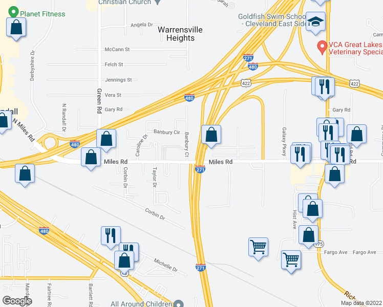 map of restaurants, bars, coffee shops, grocery stores, and more near 4971 Banbury Court in Warrensville Heights