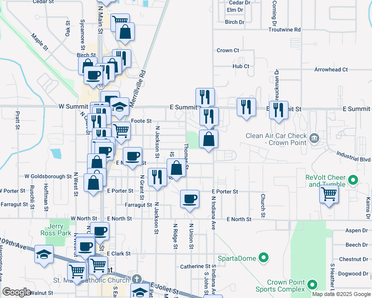 map of restaurants, bars, coffee shops, grocery stores, and more near 700 Thomas Street in Crown Point