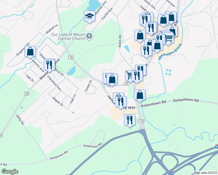 map of restaurants, bars, coffee shops, grocery stores, and more near 28 County Road 78 in Middletown
