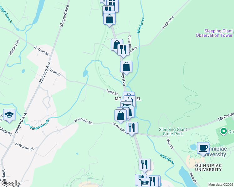 map of restaurants, bars, coffee shops, grocery stores, and more near 3500 Farmington Canal Heritage Trail in Hamden