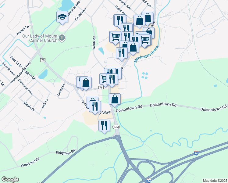 map of restaurants, bars, coffee shops, grocery stores, and more near Abe Isseks Dr in Middletown