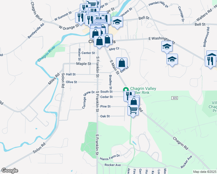 map of restaurants, bars, coffee shops, grocery stores, and more near 154 Bradley Street in Chagrin Falls