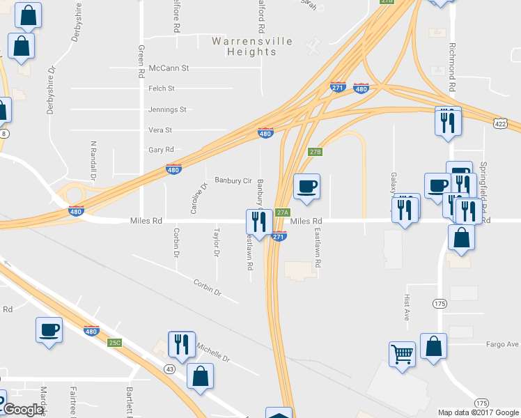 map of restaurants, bars, coffee shops, grocery stores, and more near 4971 Banbury Court in Warrensville Heights