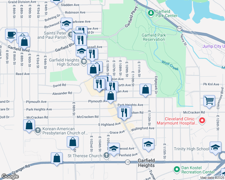 map of restaurants, bars, coffee shops, grocery stores, and more near 10621 Wadsworth Avenue in Garfield Heights