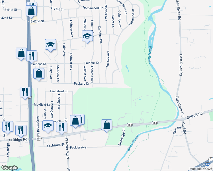 map of restaurants, bars, coffee shops, grocery stores, and more near 4713 Camden Avenue in Lorain