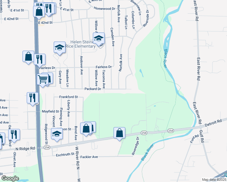 map of restaurants, bars, coffee shops, grocery stores, and more near 4713 Camden Avenue in Lorain