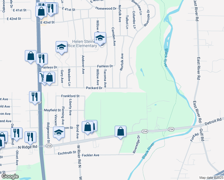 map of restaurants, bars, coffee shops, grocery stores, and more near 4713 Camden Avenue in Lorain