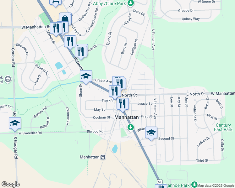 map of restaurants, bars, coffee shops, grocery stores, and more near 115 Prairie Avenue in Manhattan