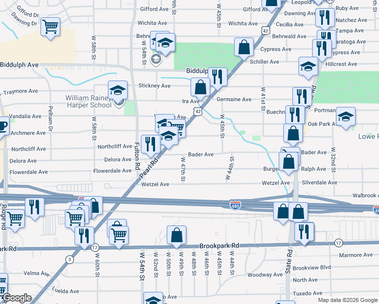 map of restaurants, bars, coffee shops, grocery stores, and more near 4628 Bader Avenue in Cleveland