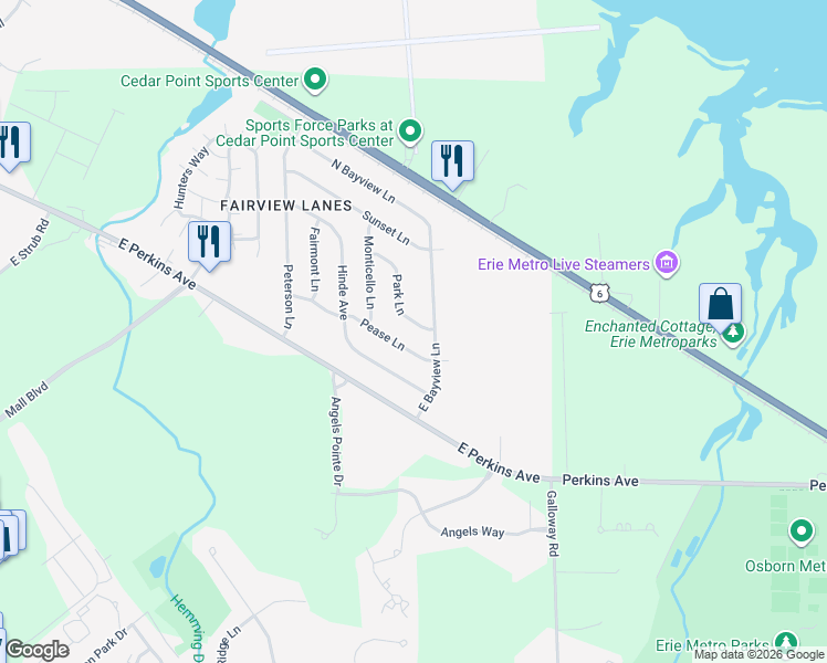 map of restaurants, bars, coffee shops, grocery stores, and more near 2903 Park Lane in Sandusky