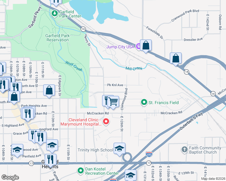 map of restaurants, bars, coffee shops, grocery stores, and more near 12403 Park Knoll Drive in Garfield Heights