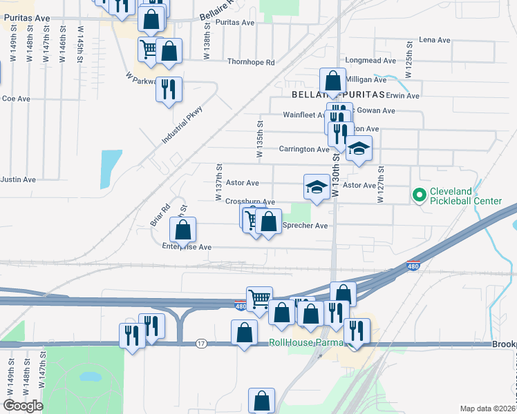 map of restaurants, bars, coffee shops, grocery stores, and more near 13411 Astor Avenue in Cleveland