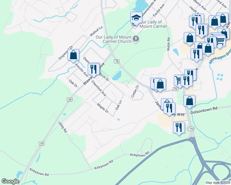 map of restaurants, bars, coffee shops, grocery stores, and more near 24 Willow Place in Middletown