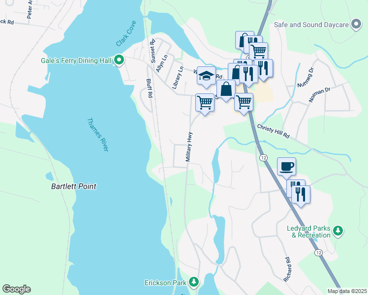 map of restaurants, bars, coffee shops, grocery stores, and more near 1 Ridge Road in Ledyard