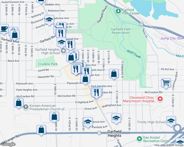 map of restaurants, bars, coffee shops, grocery stores, and more near 10621 Wadsworth Avenue in Garfield Heights