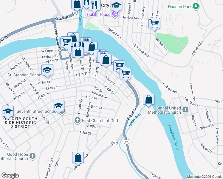map of restaurants, bars, coffee shops, grocery stores, and more near East 4th Alley in Oil City