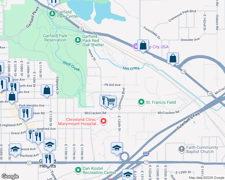 map of restaurants, bars, coffee shops, grocery stores, and more near 12403 Park Knoll Drive in Garfield Heights