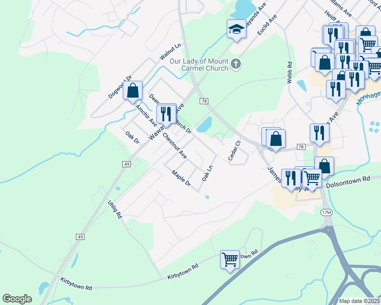 map of restaurants, bars, coffee shops, grocery stores, and more near 24 Willow Place in Middletown