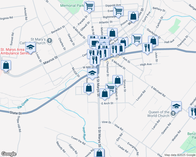 map of restaurants, bars, coffee shops, grocery stores, and more near 301 South Saint Marys Street in Saint Marys