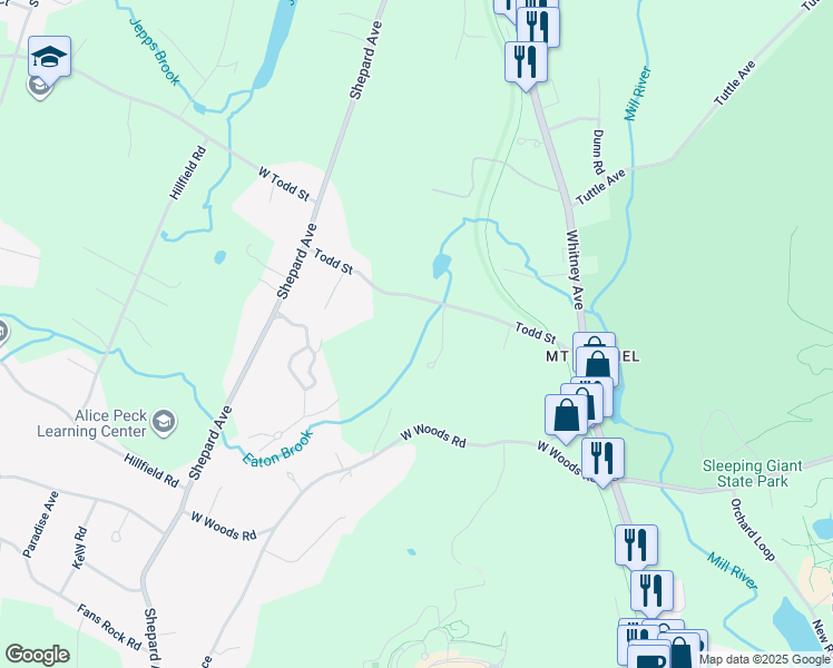 map of restaurants, bars, coffee shops, grocery stores, and more near 184 Todd Street in Hamden