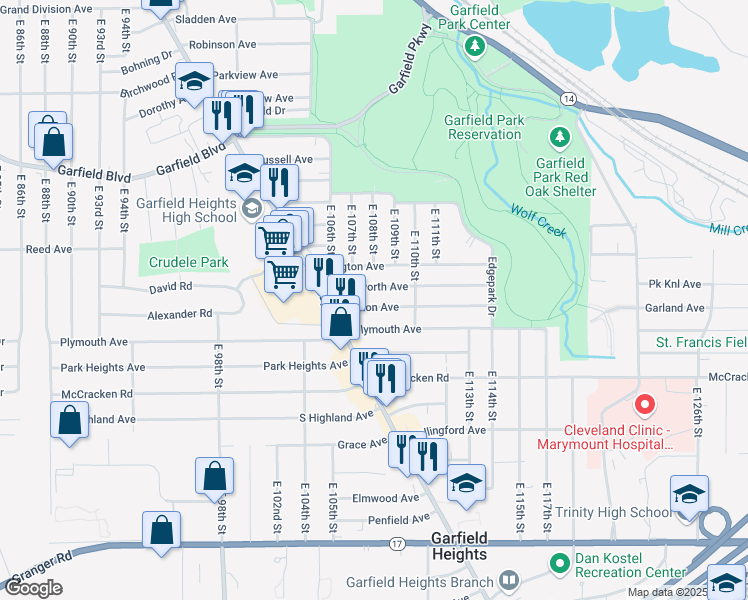 map of restaurants, bars, coffee shops, grocery stores, and more near 10813 Wadsworth Avenue in Garfield Heights