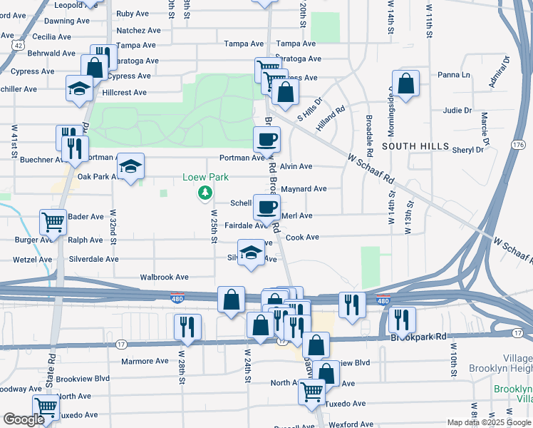 map of restaurants, bars, coffee shops, grocery stores, and more near 2118 Schell Avenue in Cleveland