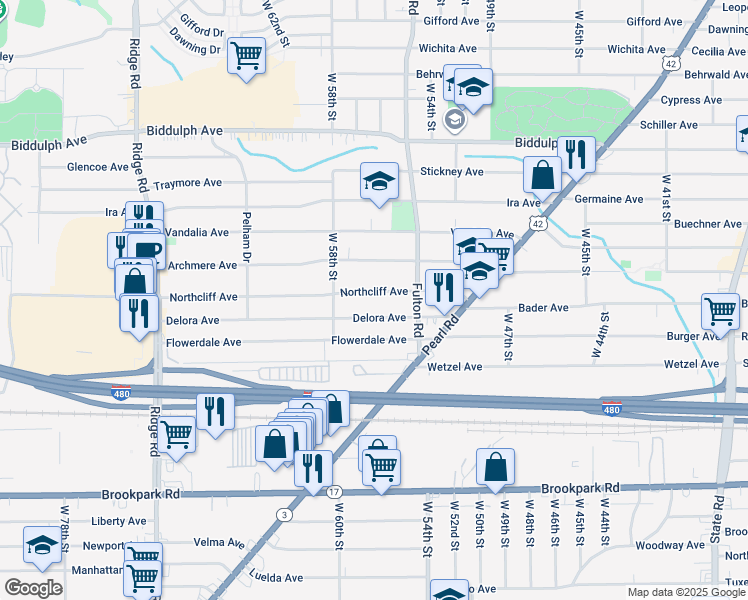 map of restaurants, bars, coffee shops, grocery stores, and more near 5508 Northcliff Avenue in Cleveland