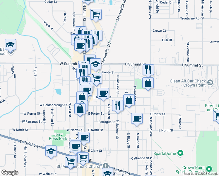 map of restaurants, bars, coffee shops, grocery stores, and more near 713-715 North Grant Street in Crown Point