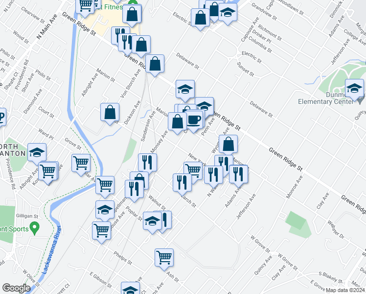 map of restaurants, bars, coffee shops, grocery stores, and more near 211 New York Street in Scranton