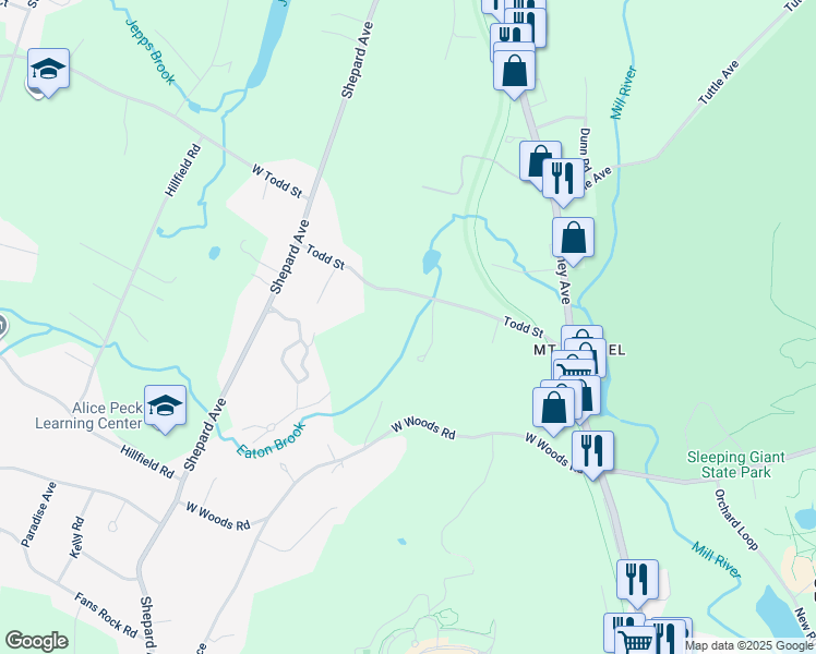 map of restaurants, bars, coffee shops, grocery stores, and more near 184 Todd Street in Hamden