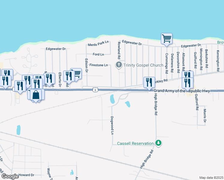 map of restaurants, bars, coffee shops, grocery stores, and more near Liberty Avenue in Vermilion