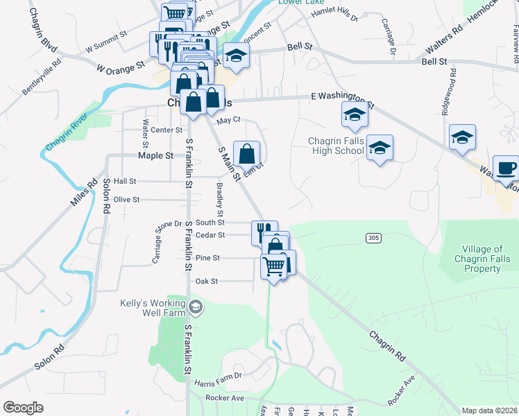 map of restaurants, bars, coffee shops, grocery stores, and more near 195 South Main Street in Chagrin Falls