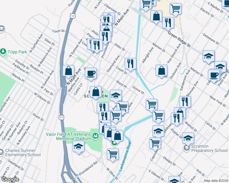 map of restaurants, bars, coffee shops, grocery stores, and more near 1069 Meade Avenue in Scranton