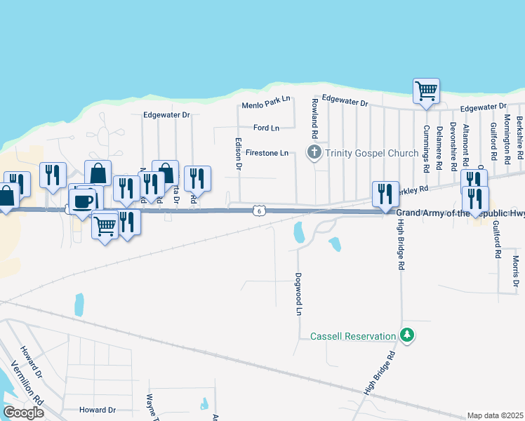 map of restaurants, bars, coffee shops, grocery stores, and more near Liberty Avenue in Vermilion