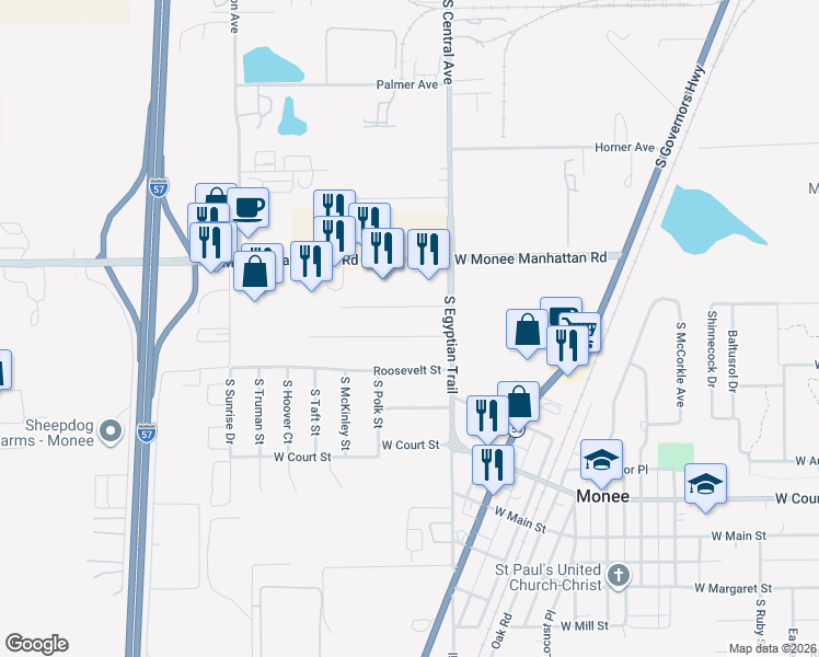 map of restaurants, bars, coffee shops, grocery stores, and more near 5608 West Von Avenue in Monee