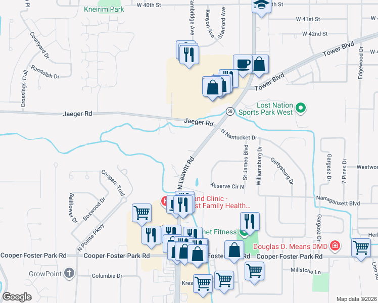 map of restaurants, bars, coffee shops, grocery stores, and more near 4804 North Leavitt Road in Lorain