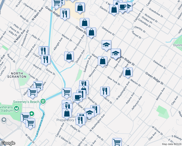 map of restaurants, bars, coffee shops, grocery stores, and more near 102 Monsey Avenue in Scranton
