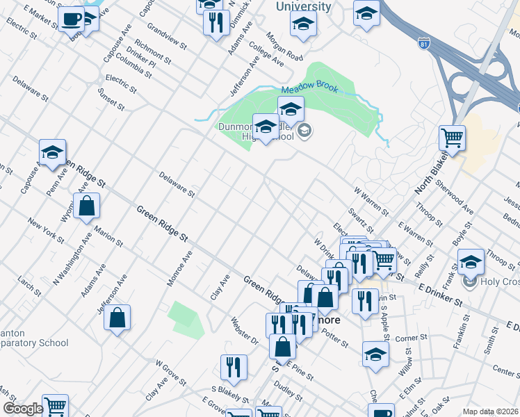 map of restaurants, bars, coffee shops, grocery stores, and more near 1728 Quincy Ave in Dunmore