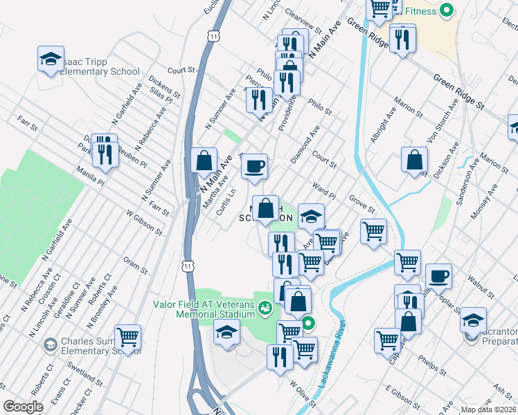 map of restaurants, bars, coffee shops, grocery stores, and more near 991 Providence Road in Scranton