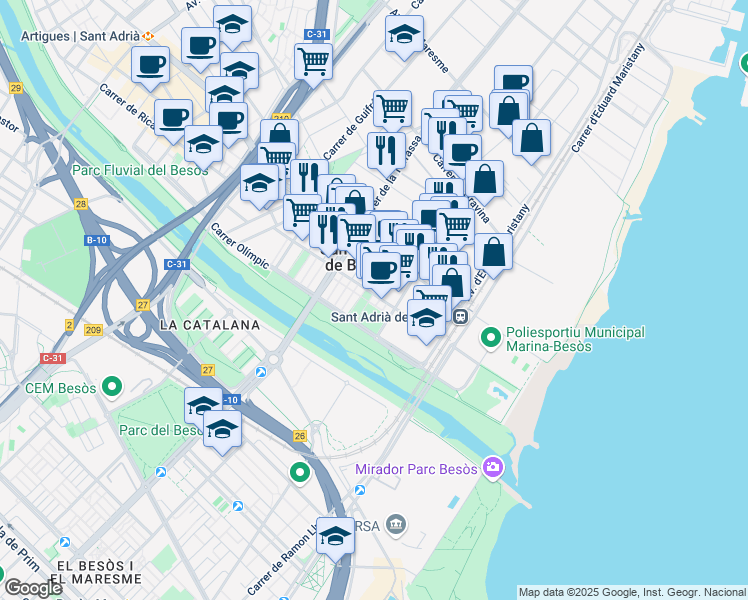 map of restaurants, bars, coffee shops, grocery stores, and more near 104 Carrer de la Mare de Déu del Carme in Sant Adrià de Besòs