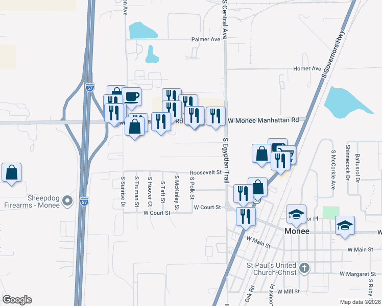 map of restaurants, bars, coffee shops, grocery stores, and more near 5609 West Sutton Place in Monee
