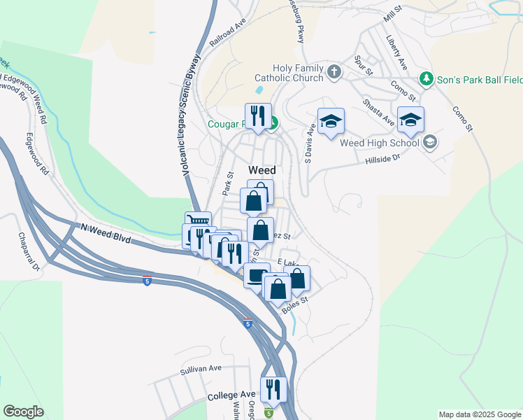 map of restaurants, bars, coffee shops, grocery stores, and more near 35 Camino Avenue in Weed