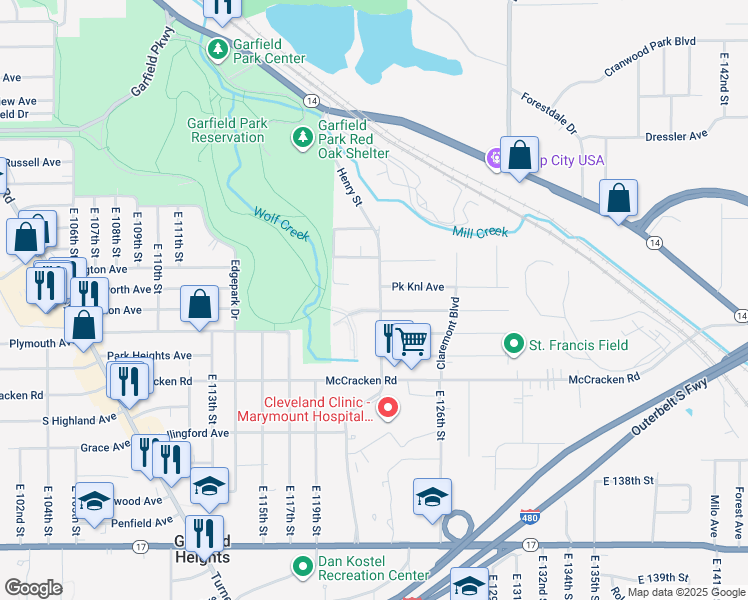 map of restaurants, bars, coffee shops, grocery stores, and more near 4996 Henry Street in Garfield Heights