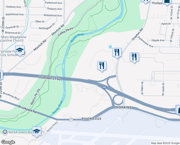 map of restaurants, bars, coffee shops, grocery stores, and more near 20829 Emerald Parkway in Cleveland