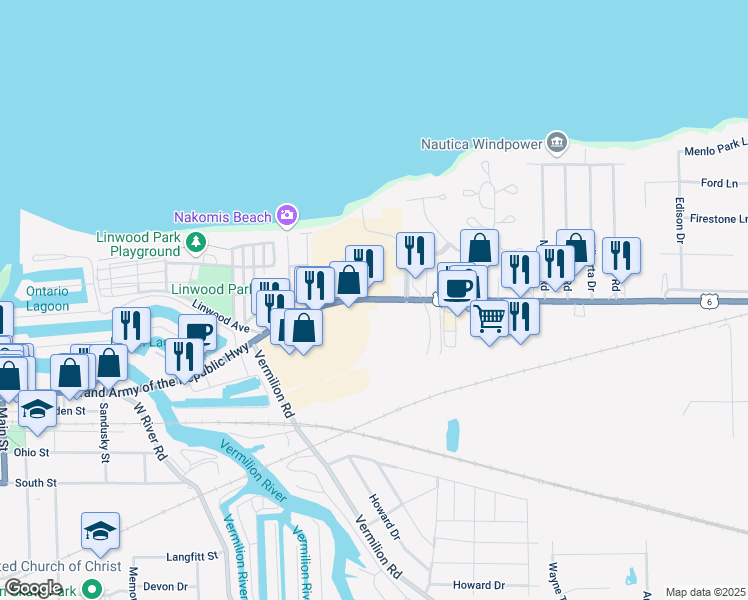 map of restaurants, bars, coffee shops, grocery stores, and more near 4676 Liberty Avenue in Vermilion