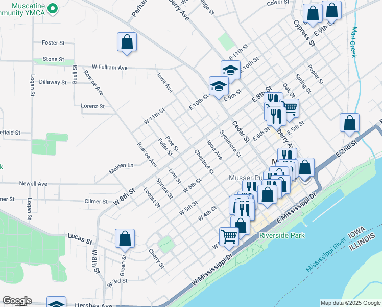 map of restaurants, bars, coffee shops, grocery stores, and more near 798 Chestnut Street in Muscatine
