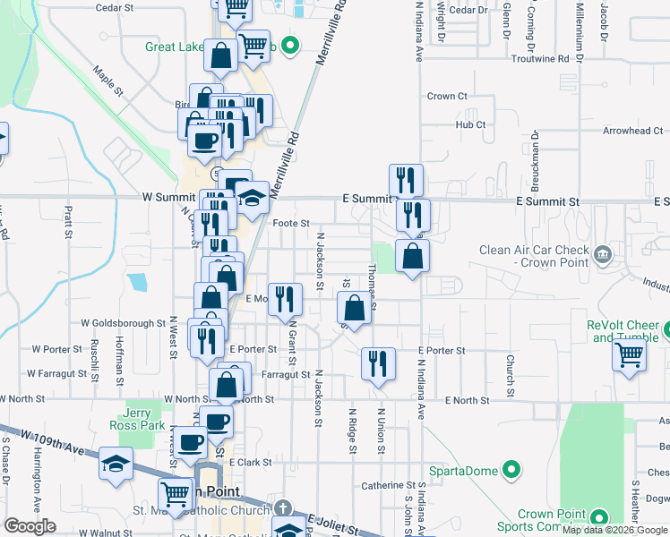 map of restaurants, bars, coffee shops, grocery stores, and more near 555 Anderson Street in Crown Point
