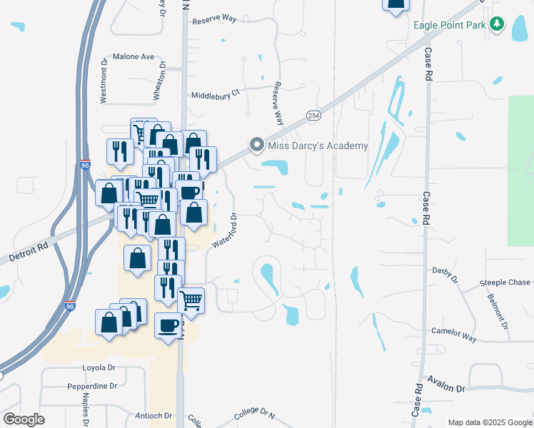 map of restaurants, bars, coffee shops, grocery stores, and more near 5399 Waterford Circle in Elyria